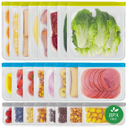 LKSUMPT 24 Pack Reusable Freezer Bags Food Storage Bags Reusable Bags BPA Free Leakproof Extra Thick for Traveling & Household Same as Reusable Ziploc Bags (8 Gallon+8 Snack+8 Sandwich Bags)